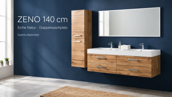 Doppelwaschtisch ZENO Breite 140 cm, Eiche Natur, mit Unterschrank, vormontiert