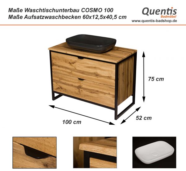 Maßblatt Badmöbel Cosmo, Breite 100 cm, Aufsatzbecken schwarz, CO1062-S