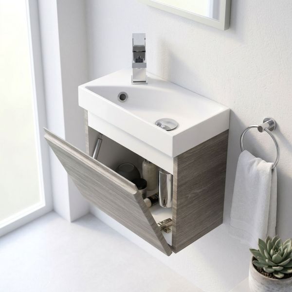 Gäste-WC Badmöbel RENA 40 cm, Eiche grau, Waschbecken mit Unterschrank, vormontiert-Copy