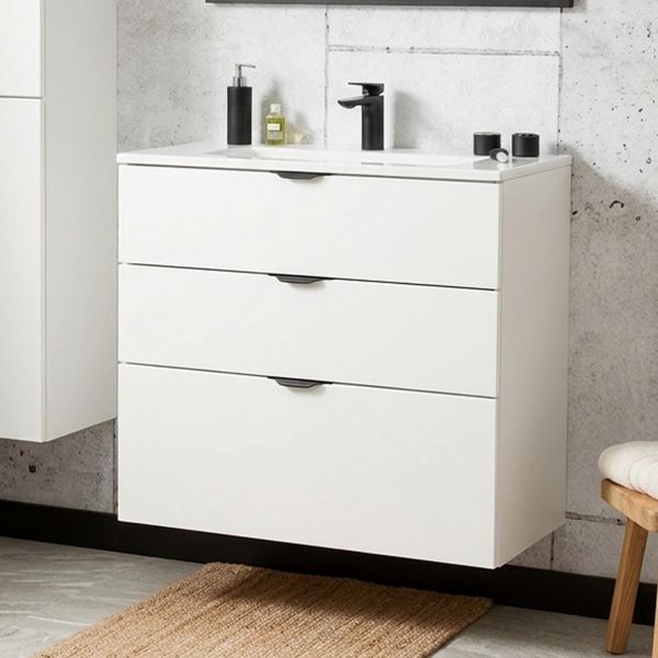 Badmöbel VICTOR 80 cm, Waschbeckenunterschrank mit 3 Schubladen, vormontiert, weiß matt