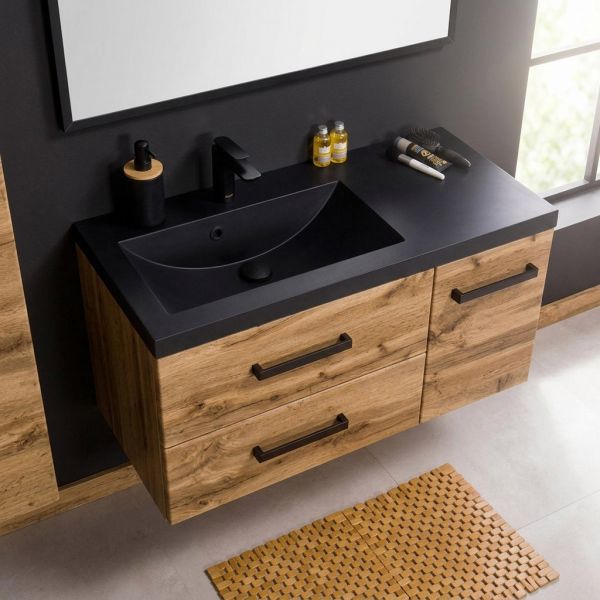 Badmöbelset FOKUS LOFT Breite 90 cm, Eiche Natur, Waschbecken schwarz matt