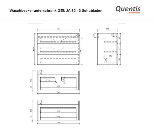 Maße Waschplatzset Genua, 80, 3 Schubladen (GE83XX)