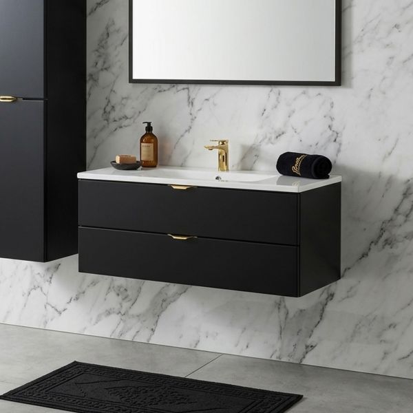 Badmöbel VICTOR 100 cm, schwarz matt, Waschbecken mit Unterschrank, 2 Softclose-Schubladen, vormontiert