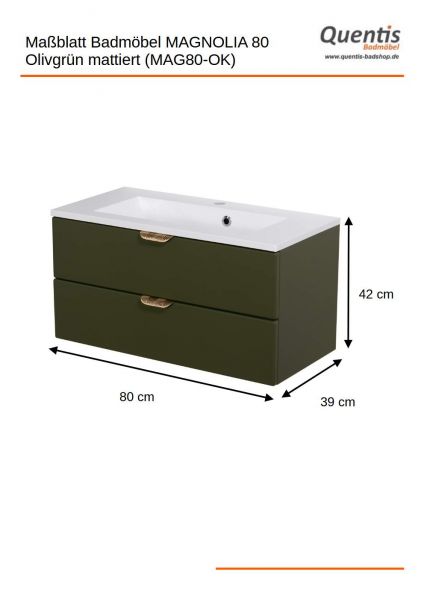 Badmöbel MAGNOLIA 80 cm, olivgrün satiniert, Waschtischunterbau montiert inkl. Waschbecken