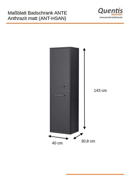 Badschrank ANTE, Anthrazit matt, 2 Türen, vormontiert