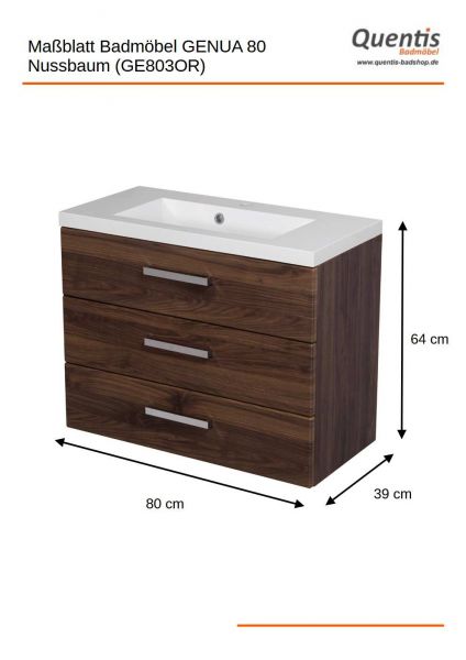 Badmöbel GENUA 80 cm XL, Nussbaum, Waschtischunterschrank montiert, inkl. Waschbecken