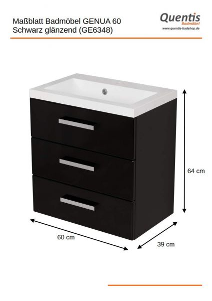 Badmöbel GENUA 60-XL, schwarz,Waschtischunterschrank montiert