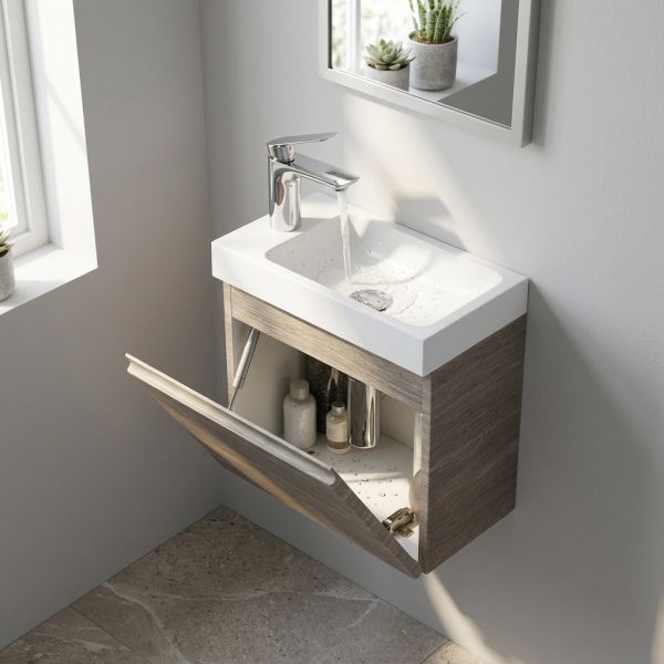 Gäste-WC Badmöbel FAROS 40 cm – Waschbecken mit Unterschrank, Eiche grau, vormontiert