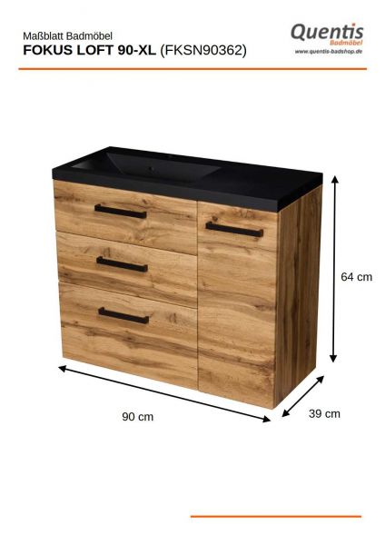 Badmoebel Fokus Loft 90 XL Eiche Natur Waschbecken schwarz matt