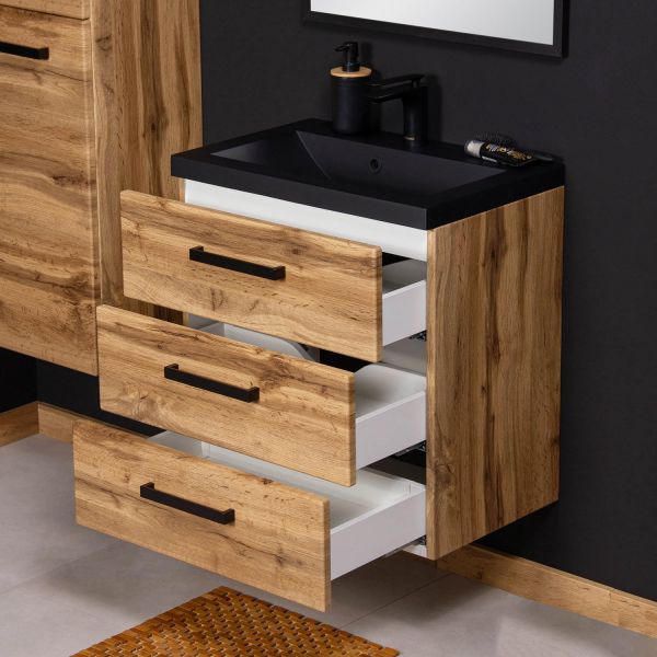 Badmöbel Fokus Loft 60, Eiche Natur, Waschtisch schwarz matt, Waschtischuntersnk montiert