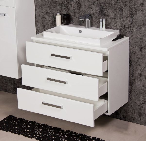 Badmöbel Susan, Breite 80 cm, weiß, 3 Schubladen, Waschtischunterbau montiert