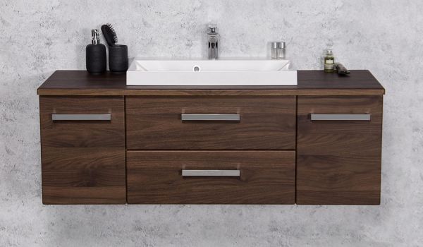 Badmöbel Susan 120 cm, Nussbaum, Waschtischunterschrank montiert, inkl. Waschbecken