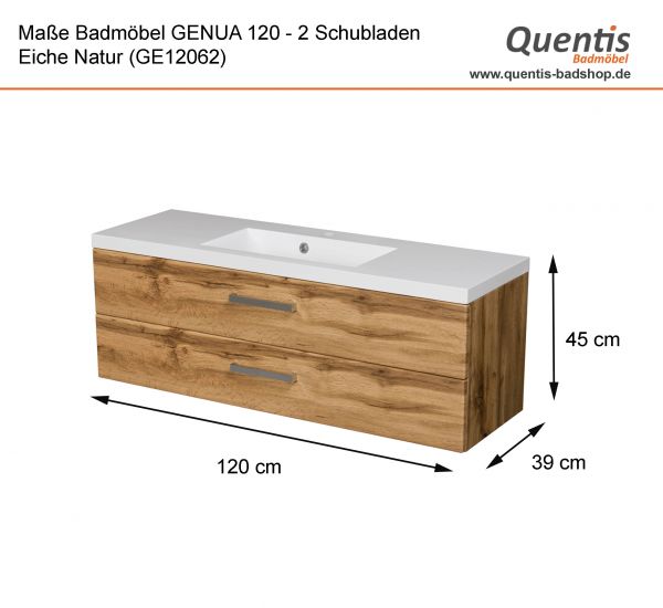 Badmöbel GENUA 120 cm, Eiche Natur, 2 Schubladen (GE12062)