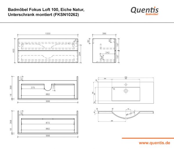 Badmöbel FOKUS LOFT 100, Eiche Natur, Waschtischunterschrank montiert