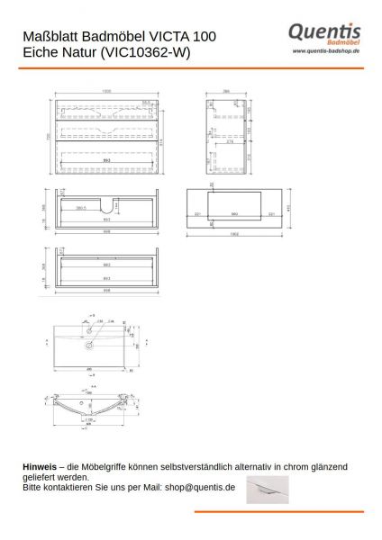Badmöbel VICTA, Breite 100 cm, Eiche Natur, 3 Schübe, Waschtischunterbau montiert