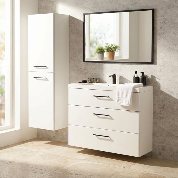 Badmöbel DOMINO SLim-Line 100, Tiefe 35 cm, weiß matt, Waschtisch und Unterschrank (montiert)-Copy