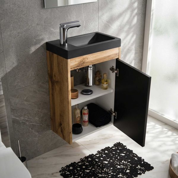 Gäste-WC Möbel GUEST Breite 40 cm, Eiche-Schwarz, Waschbecken schwarz matt
