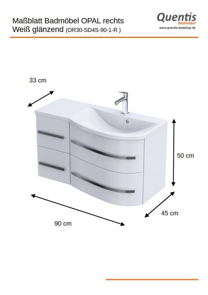 Badmöbel OPAL, Breite 90 cm, weiß glänzend, Waschtischunterbau montiert
