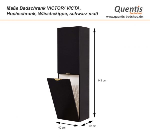 Badschrank VICTOR/ VICTA, Hochschrank mit Wäschekorb, schwarz matt