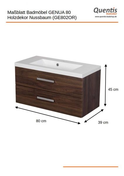 Badmöbel GENUA 80 cm, Nussbaum, Waschtischunterschrank montiert, inkl. Waschbecken