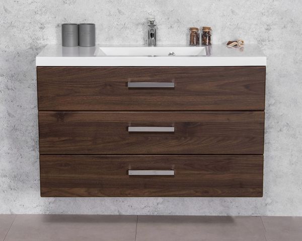 Quentis Badmöbel Genua 100 cm nussbaum 3 Schubladen Waschtischunterschrank montiert GE13OR