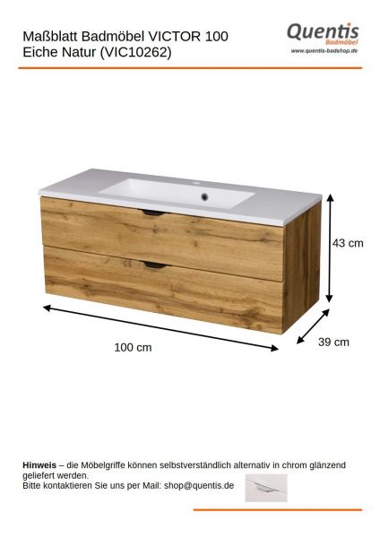 Badmöbel VICTOR 100 cm, Waschtischunterbau mit 2 Schubladen, Eiche