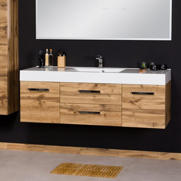 Badmöbel ZENO-LOFT-Loft, Breite 140 cm, Eiche Natur, Griffe schwarz, Waschtischunterschrank montiert ZE1462ELOFT