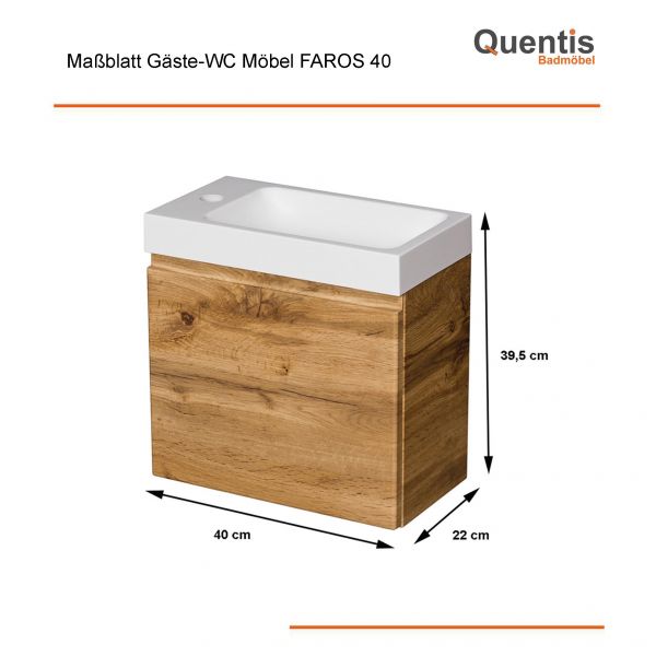 Gäste-WC Badmöbel FAROS 40 cm – Waschbecken mit Unterschrank, Eiche Natur, vormontiert