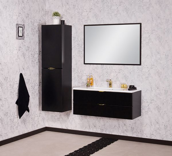 Badschrank VICTOR/ VICTA, seidenmatt schwarz, Hochschrank mit Wäschekorb (vormontiert)