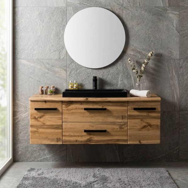 Badmöbel FOKUS-LOFT 120 cm, Eiche Natur, Waschtisch schwarz matt, 2 Schubladen, vormontiert