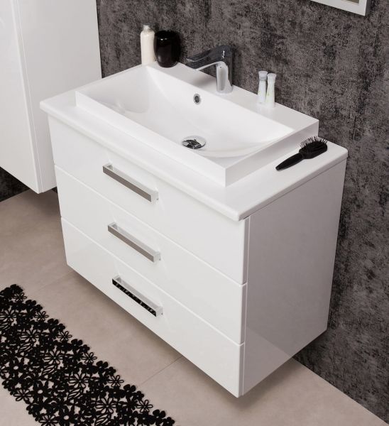 Badmöbel Susan, Breite 80 cm, weiß, 3 Schubladen, Waschtischunterbau montiert
