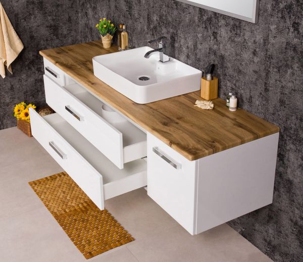 Badmöbel ARUVA Breite 180 cm, Weiß/ Eiche Natur, Waschtischunterbau montiert, Waschbecken optional