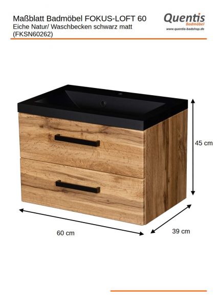 Badmöbel FOKUS LOFT 60, Eiche Natur, Waschtisch schwarz matt, Waschtischunterschrank montiert