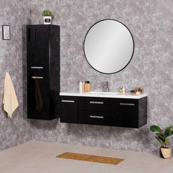 Bad-Hochschrank 40 cm inkl. Wäschekorb, schwarz glänzend, vormontiert