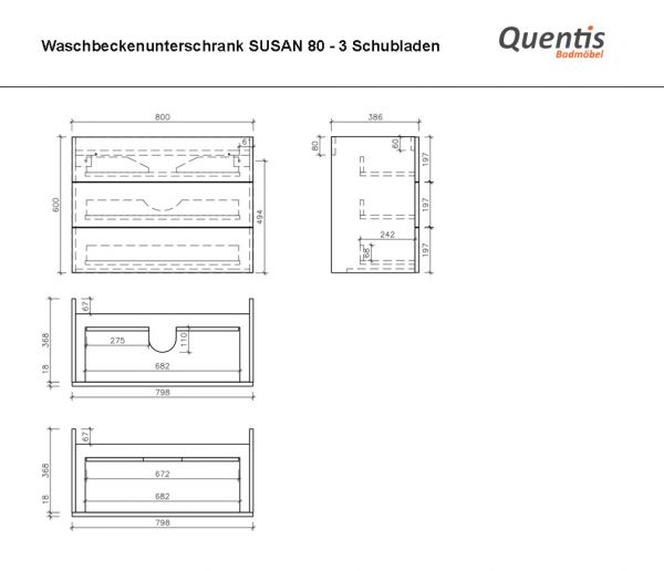 Badmöbel SUSAN Breite 80 cm, weiß, 3 Schubladen, Waschtischunterbau montiert