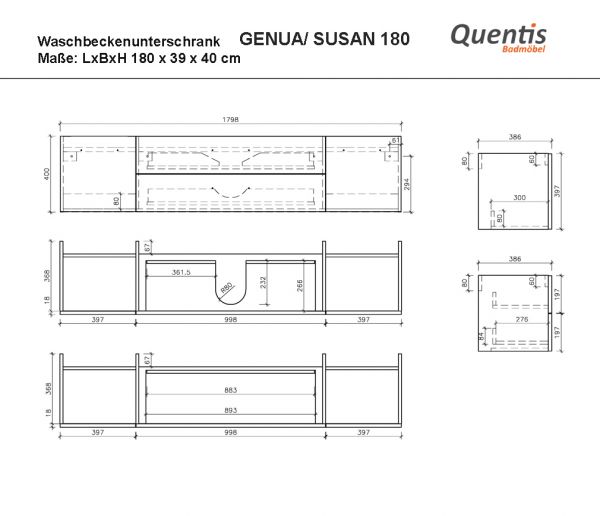 Maße Waschtischunterschrank SUSAN 180 cm