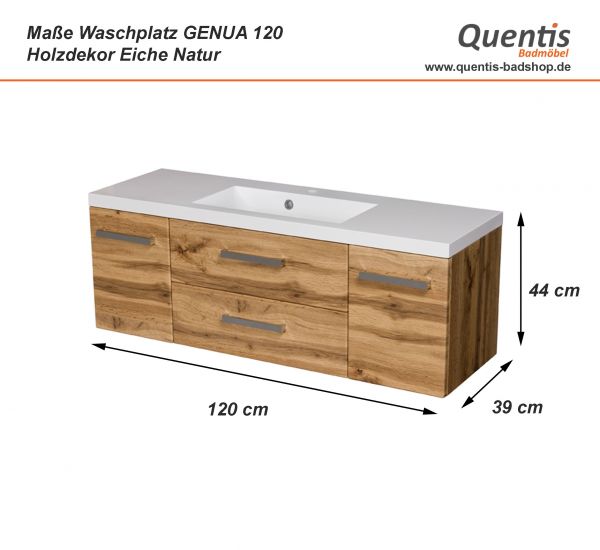 Badmöbel GENUA 120 cm, Eiche Natur, Waschtischunterbau montiert
