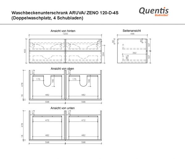 Badmöbel ZENO 120 cm, Holzdekor antik, Doppelwaschtisch mit Unterschrank, montiert