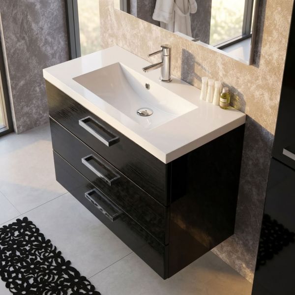Badmöbel Genua XL, Breite 80 cm, 3 Schubladen, schwarz glänzend