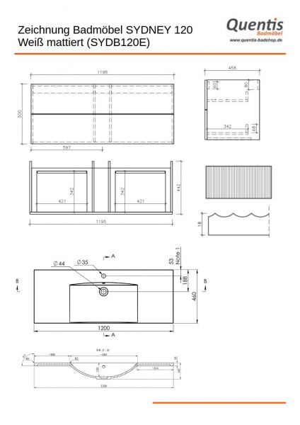 Badmöbel SYDNEY 120 cm, weiß matt, Waschtisch und Unterschrank (montiert)