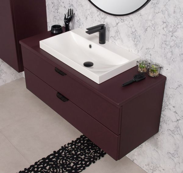 Badmöbelset MAGNOLIA 100 , Burgunderrot satiniert, Waschtischunterbau montiert inkl. Waschbecken w