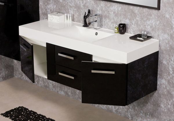 Badmöbel Aruva, Breite 140 cm, schwarz glänzend (AR1448-E-2S)