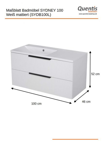 Quentis Badmoebel SYDNEY 100 cm weiß matt Waschtisch mit Unterschrank montiert SYDB100L
