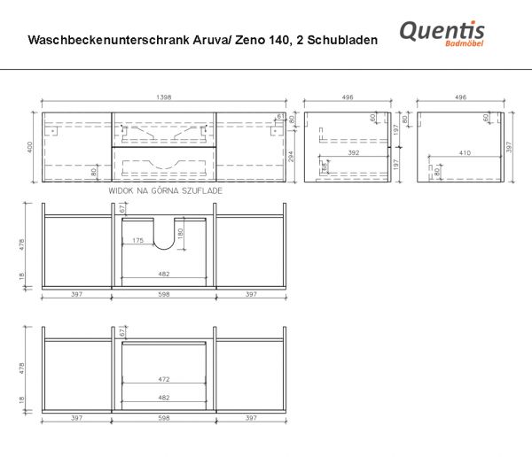 Badmöbel ARUVA Breite 140 cm, grafitgrau, Waschtischunterschrank montiert