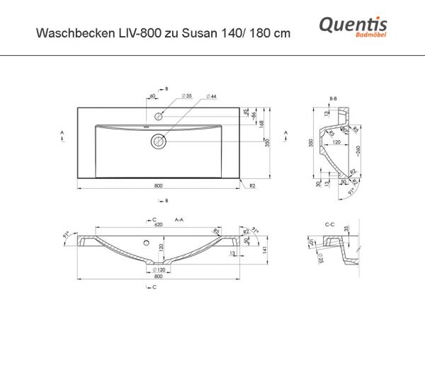 Badmöbel SUSAN Breite 180 cm, Weiß/ Eiche Natur, Waschtischunterbau montiert