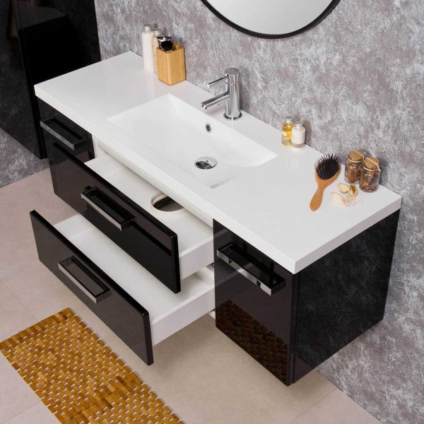 Badmöbel GENUA 120, schwarz glänzend, Waschtischunterschrank montiert, inkl. Waschbecken