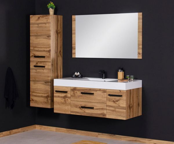 Badmöbel Zeno-Loft, Breite 120 cm, Eiche Natur, Griffe schwarz, Waschtischunterschrank montiert